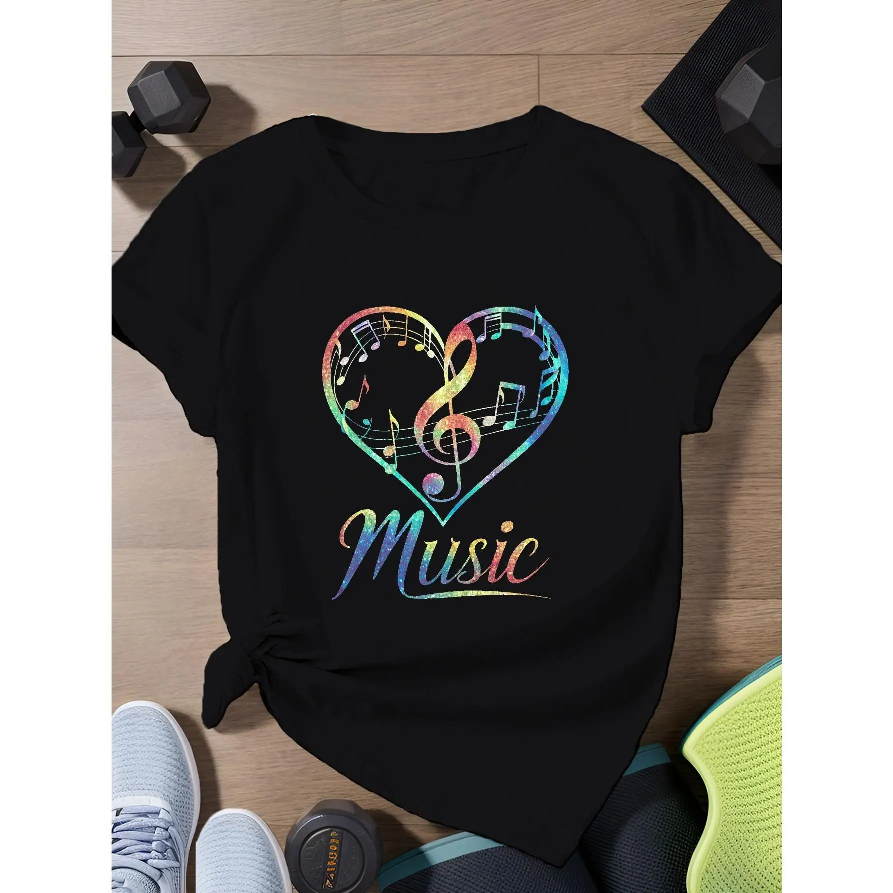 

Women's Plus Size Musical Notes Heart Graphic Tee - Soft Casual Short Sleeve T-Shirt, Round Neck, Machine Washable