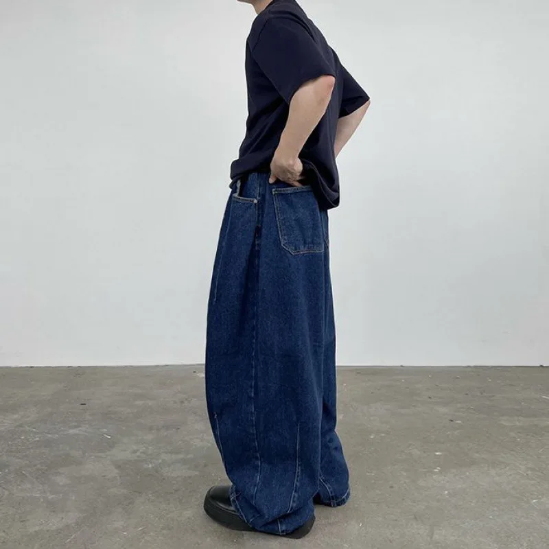 Celana Jeans Longgar Kaki Lebar Dicuci Fashion Baru Vintage Celana Denim Trendi Kasual Warna Solid Pria Musim Semi Musim Panas Pakaian Pria