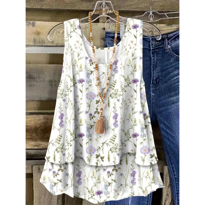 

Fashionable And Elegant Plus-Size Women'S Faux Two-Piece Round Neck Printed Top