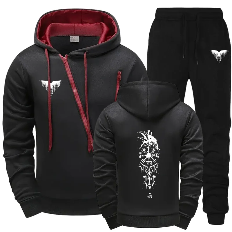 Men's Tracksuit Zip-up Hoodie Sweatpants 2 Piece Set Autumn Winter Casual Sport Sweatshirt Outfit Outdoor Motorcycle Coat Suit