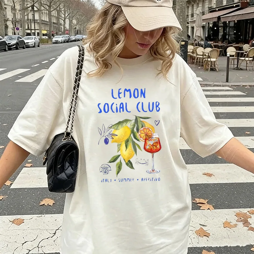 Camiseta gráfica Fashion Lemon Social Club Italy Summer Aperitivo, camisetas de algodón de manga corta con cuello redondo, camisetas para vacaciones mediterráneas