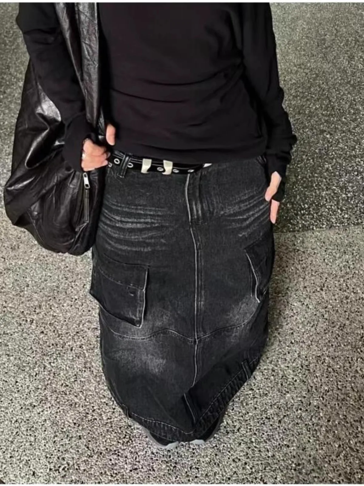 Jesień Zima Damska Gotycka Dark Academia Vintage Y2k Denimowa Spódnica Maxi Trapezowa Harajuku Japoński Grunge Lata 2000 Cyber Punk E-girl