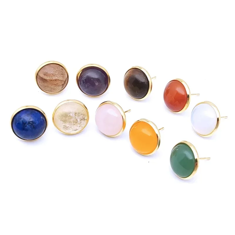 12MM Natural Stone Round Gold Color Stud Earrings Jewelry Tiger Eye Opal Blue Pink Green Crystal Earings Women Men Gift