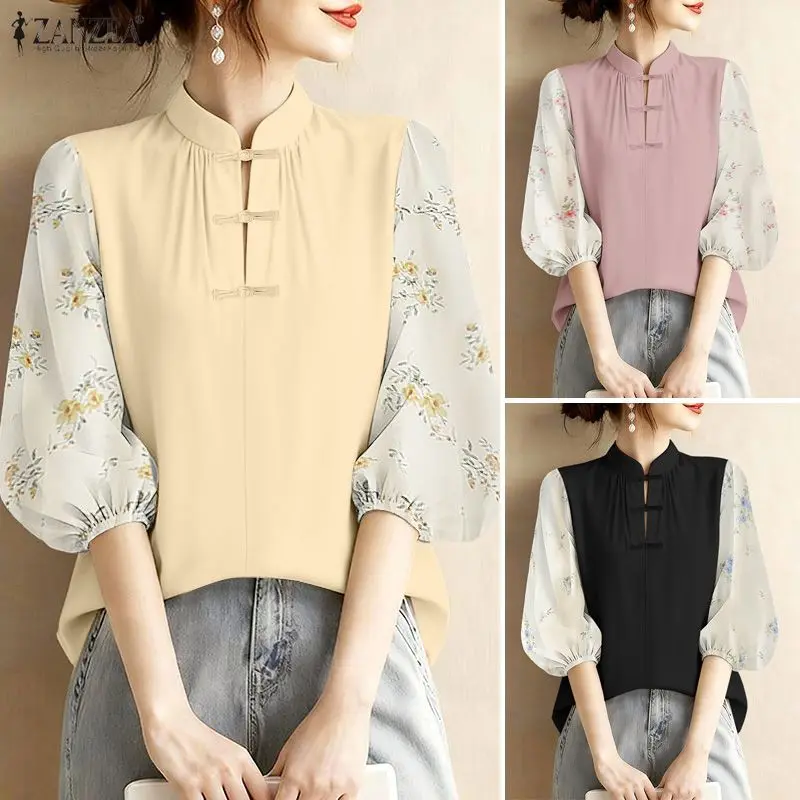 

ZANZEA 2026 Летняя блузка: Стильный женский топ с цветочным пэчворком, элегантная рубашка с рукавом 3/4 фонарик, принтованная праздничная блузка для женщин