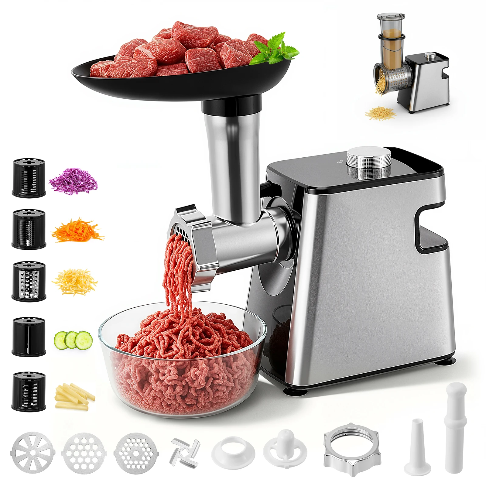 Image of Elektrischer Fleischwolf & Gemüseschneider & Käsereibe Automatischer Multifunktionszerkleinerer Küchenreibe Mandolinenschneider Parmesanreibe Salatmaschine Wurstmaschine Wurstfüller Kibbeh-Maker mit