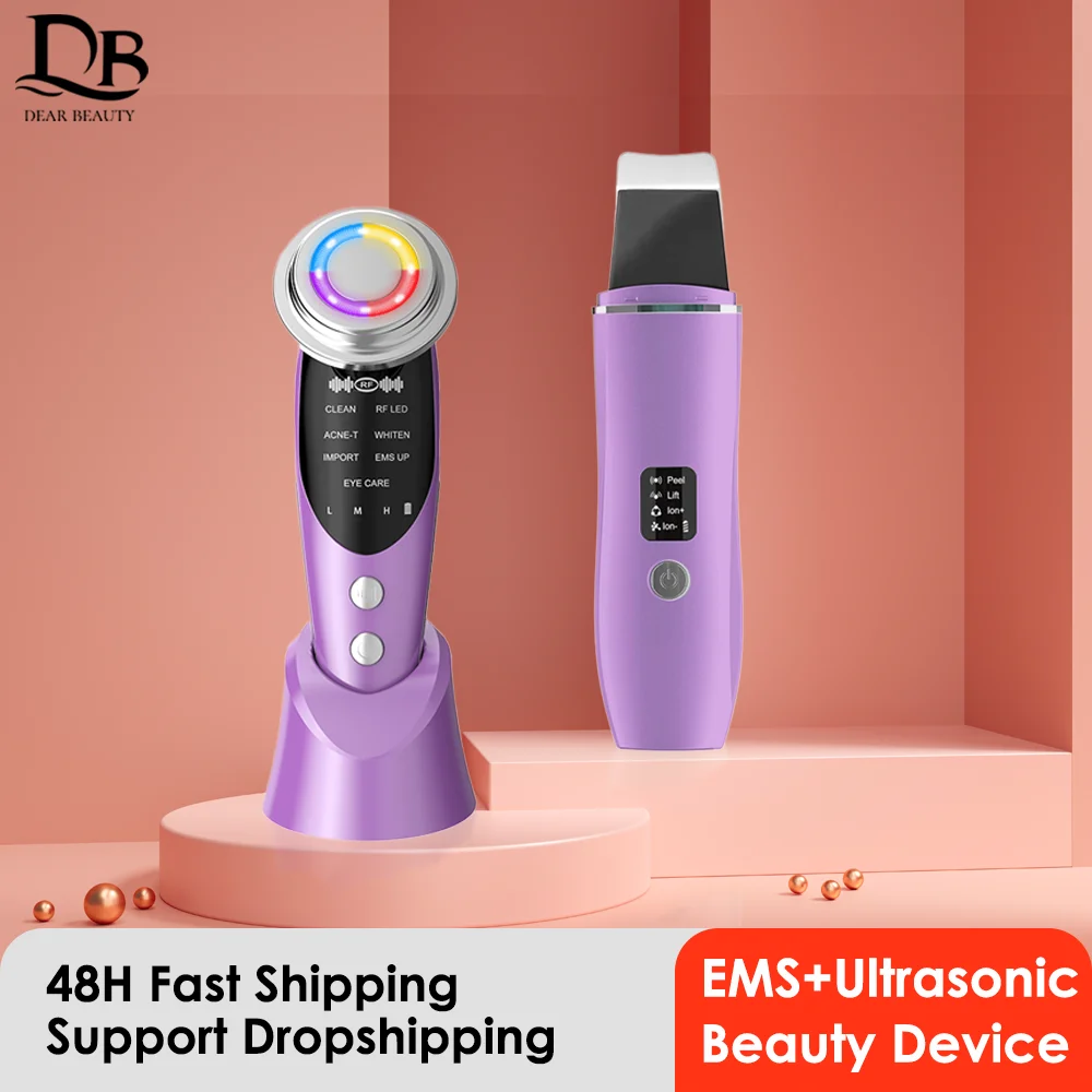 7in1 EMS Facial Massager Lifting Beauty LED Photon + Ultrasonic Skin Scrubber Peeling Shovel Multifunctional Beauty Equipment