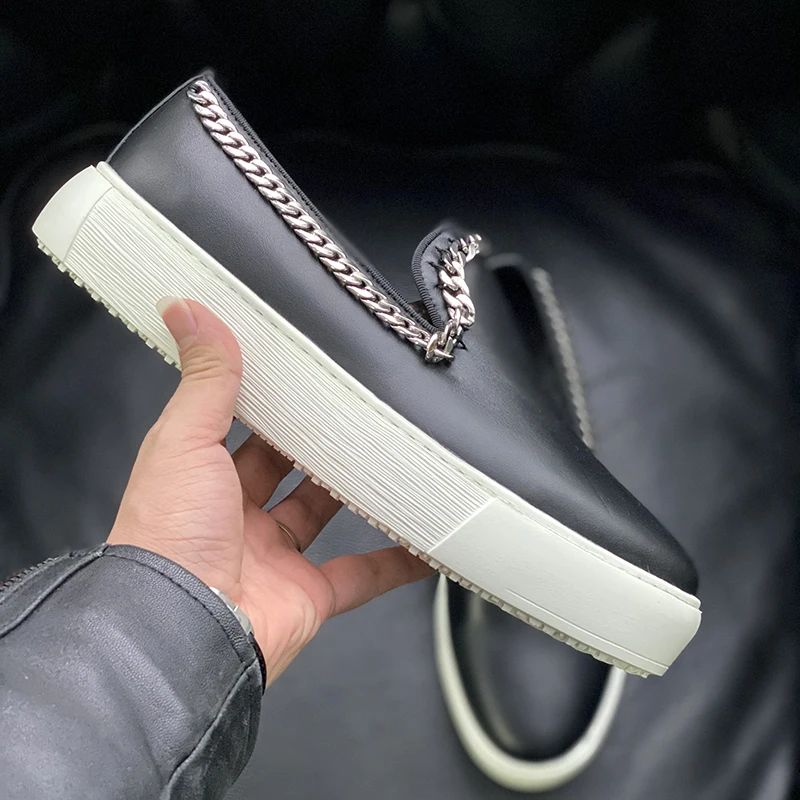 New Spring Autumn Black Casual Shoes Men Chain Cowhide Comfortable Loafers Youth Genuine Leather Fashion Sport Shoes Male