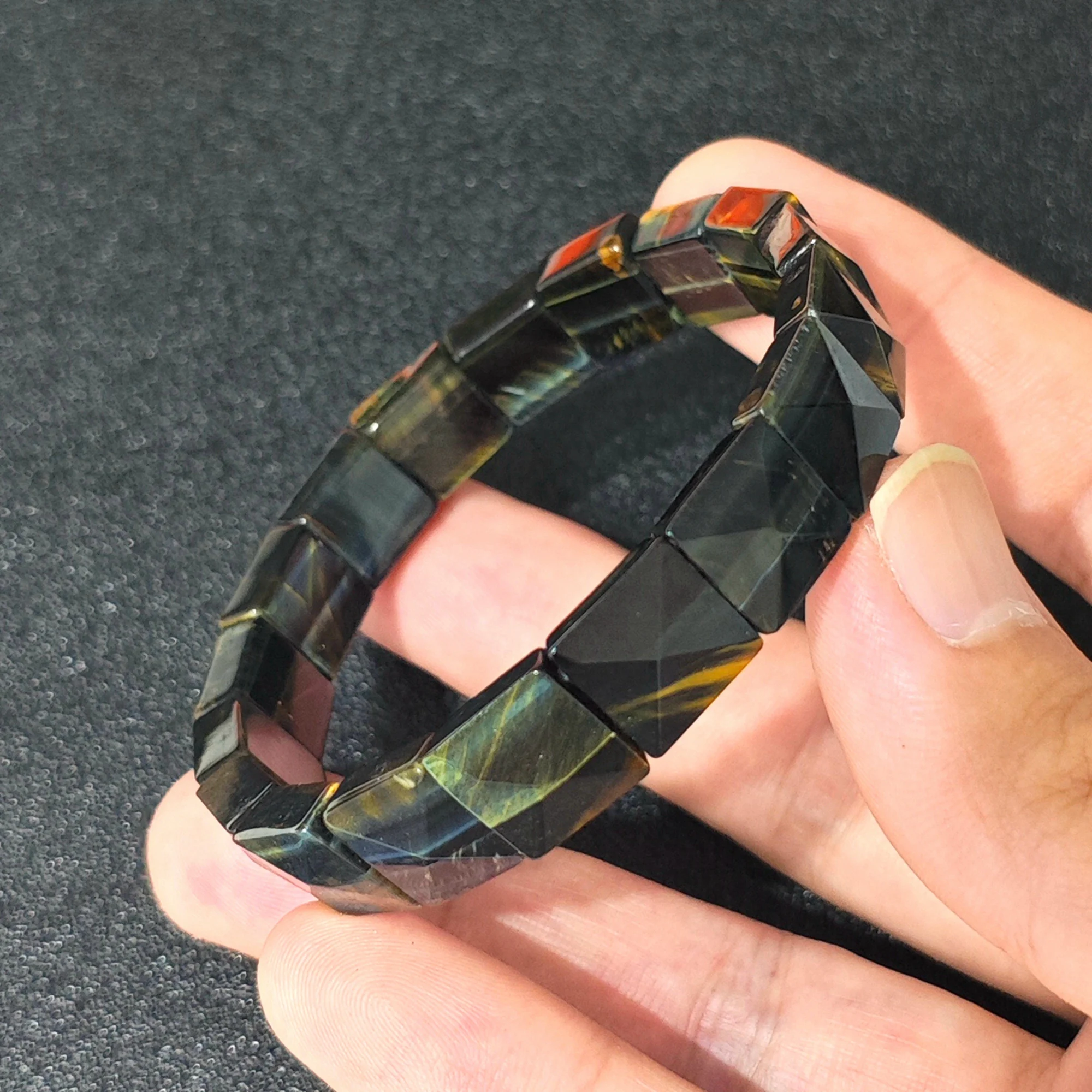 Natural Blue Tiger's Eye Bracelet 11x11mm Pyramid Faceted Flat Square Segment Bangle Gemstone Stretch Cuff Gift 16-22cm