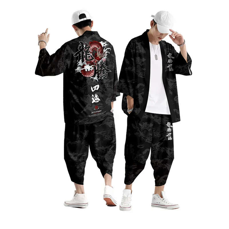 XXS-6XL Black Fox Printing Japanese Style Fashion Kimono And Pants Set Men Cardigan Blouse Haori Obi Asian Clothes