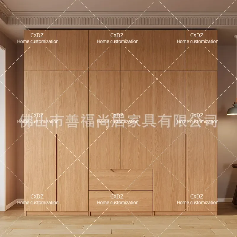Solid Wood Oak Casement Door Wardrobe Log Color Free Handle Storage Cabinet Household Bedroom Combination Finished Wardrobe