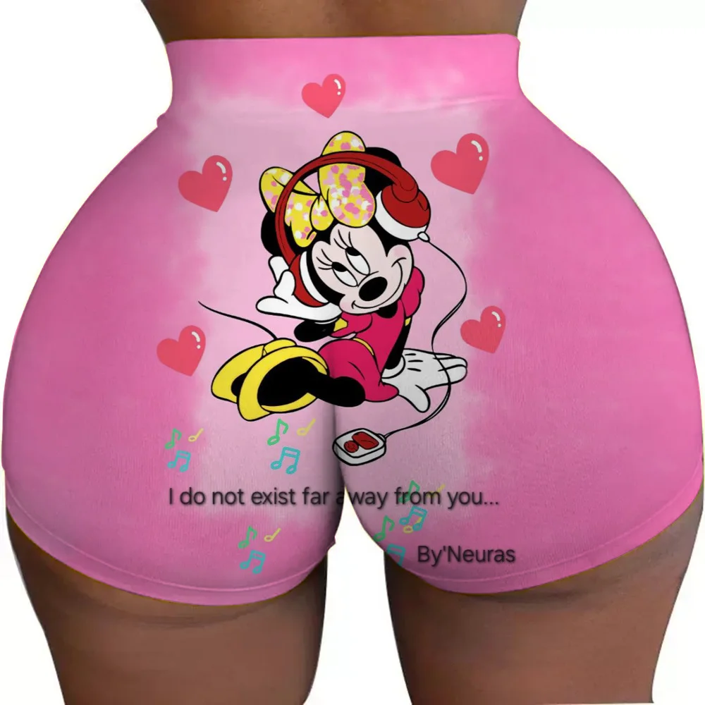 女性用 ジム ランニング バイカー ヨガ ショーツ ミッキー マウス ミニー ピンク パターン ハイウエスト ショーツ ジム バイカー ランニング パンツ タイツ