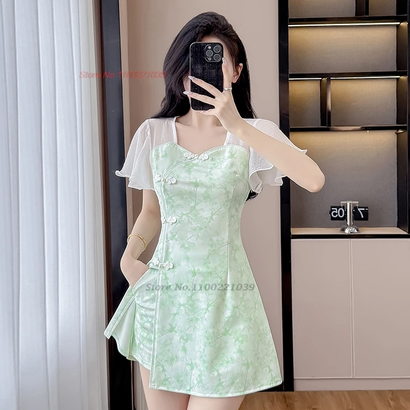 2026 chinese sexy nightclub dress improved cheongsam flower print mesh patchwork qipao dress+shorts set hotel spa work dress