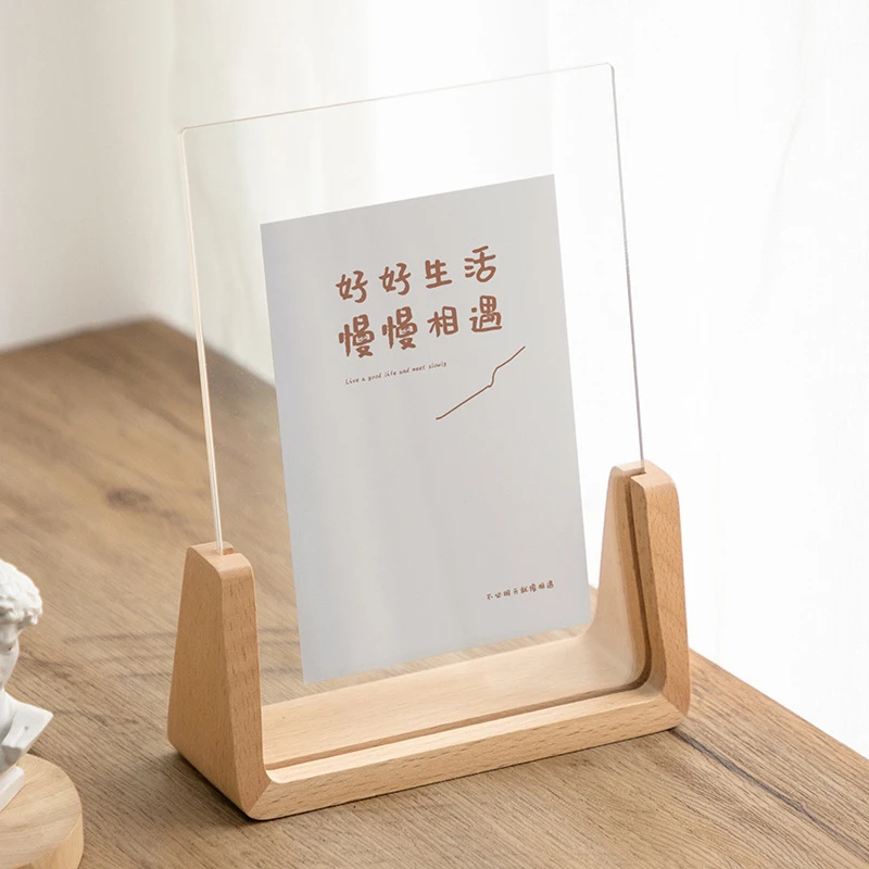Walnut/Beech Creative Photo Frame Acrylic U Shape Transparent Frame Desktop Wood Wedding Pictures Frame Office Decor