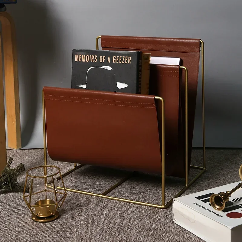 Light Luxury Iron Metal Book Rack Leather Magazine Holder Floor Storage Shelf for Living Room American Style Newspaper Organizer