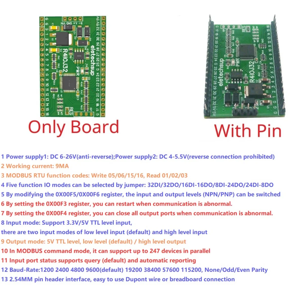 

32CH RS485 2.54mm Pin Core Board Modbus Rtu Input and Output Control PLC HMI Remote IO Expanding Board R4IOJ32 DC 5V 12V 24V