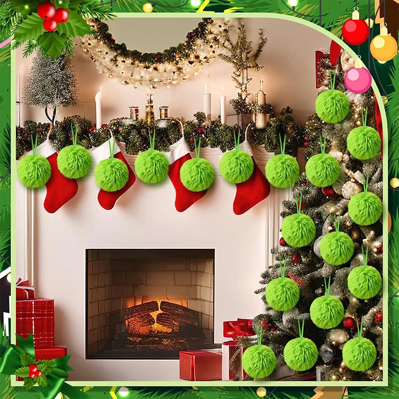 

12PCS Lime Green Furry Christmas Ball Ornaments Tree Christmas Hanging Decorations Green Christmas Tree Pendants New