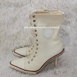 Retro Canvas Front Lace Up Sports High Heel Boots 2025 Mixed Color Mid Calf Casual Boots Pointed Toe Inner Zipper Modren Boots