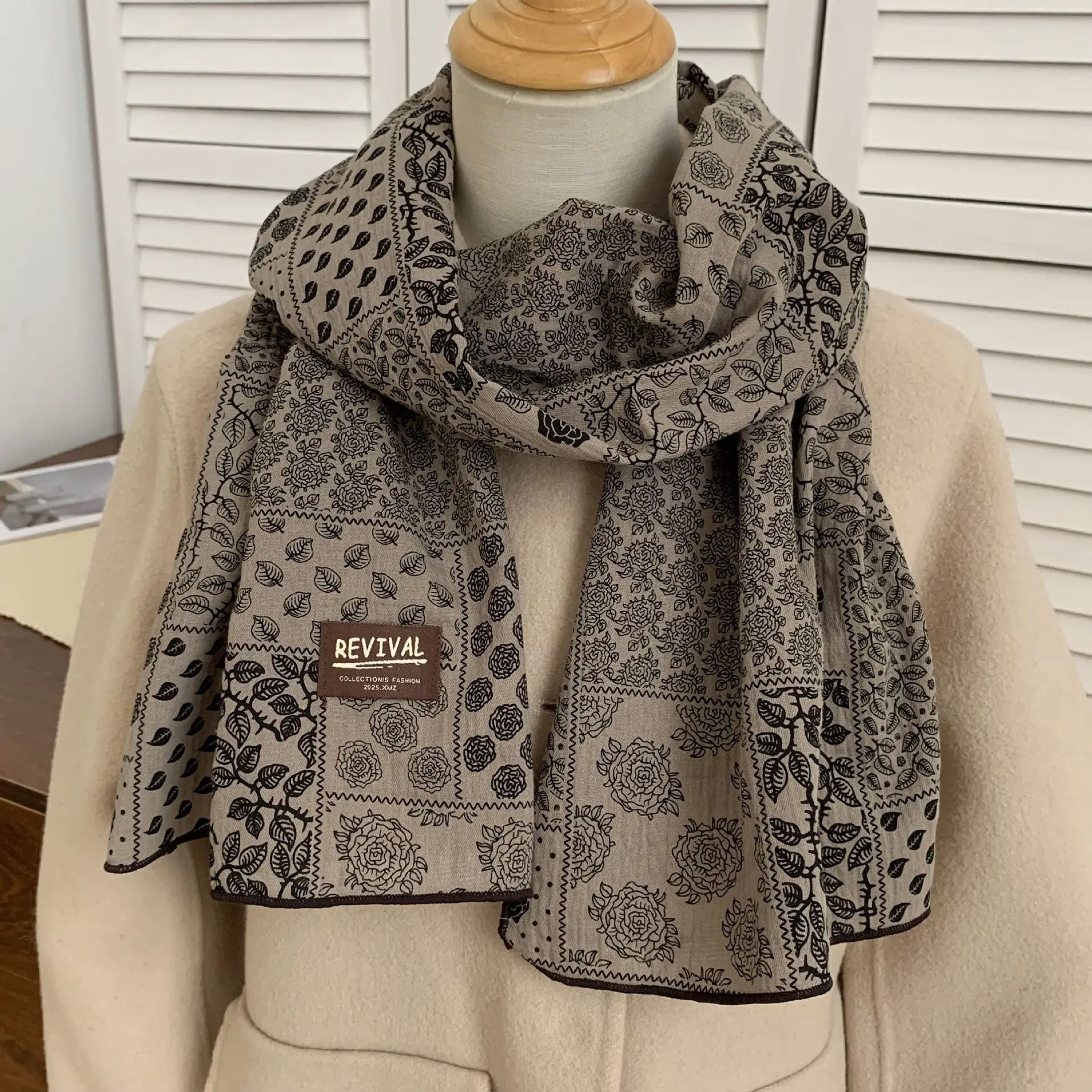 Scarf Cotton Linen Black Polka Dot Premium Soft  Multifunctional Head Wrap Neck Scarf Shawl Fall Winter