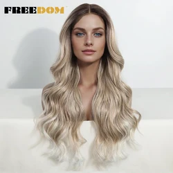 FREEDOM-peluca sintética con malla frontal para mujer, cabellera de 28 pulgadas con ondas corporales, color marrón, degradado, resistente al calor, para Cosplay