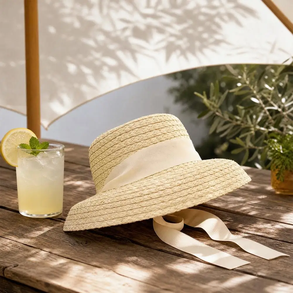 Kids Sun Hat Breathable Straw Hat Children's Wide Brim Straw Hat with Ribbon Bowknot Furry Trim Summer Beach Round Shape Outdoor