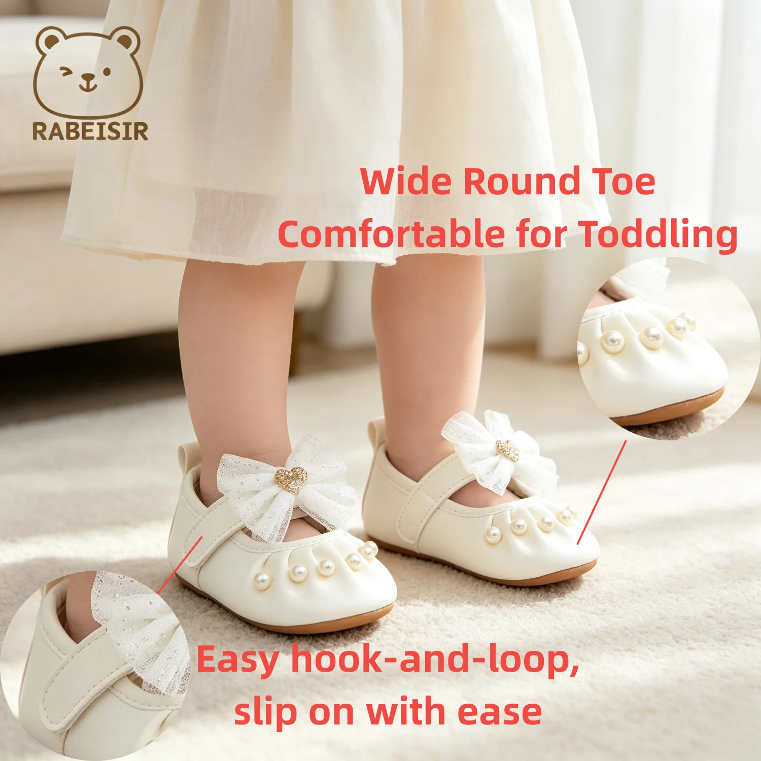 Niedliche weiße Baby-Laufschuhe, elegante Perlen-Tüll-Schleife, weiche Sohle, süße Prinzessinnen-Laufschuhe für Kleinkinder – Detail 4