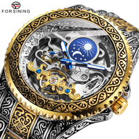 Forsining Luxury Gold Skeleton Mechanical Watches Moon Phase Retro Engraved Luminous Tourbillon Automatic Mens Watch Steel Strap