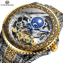 Forsining Luxury Gold Skeleton Mechanical Watches Moon Phase Retro Engraved Luminous Tourbillon Automatic Mens Watch Steel Strap