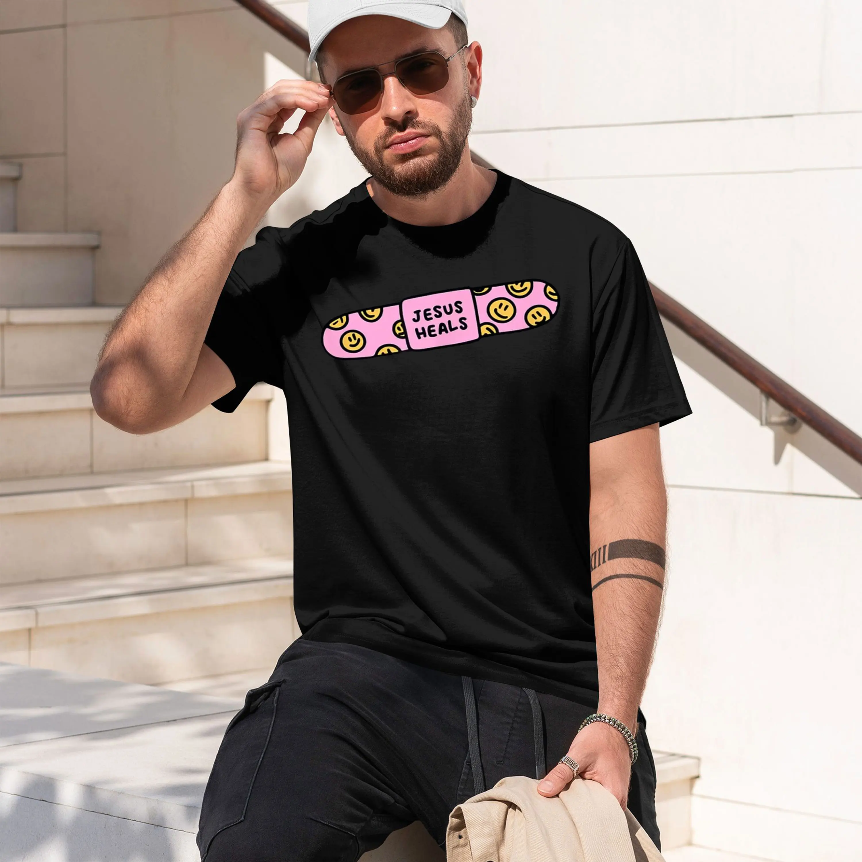 Religious Graph Men's T-Shirt Jesus Heals Faces Design Casual Wear For Everyday Use Perfect Gift For Faithful And Family Members