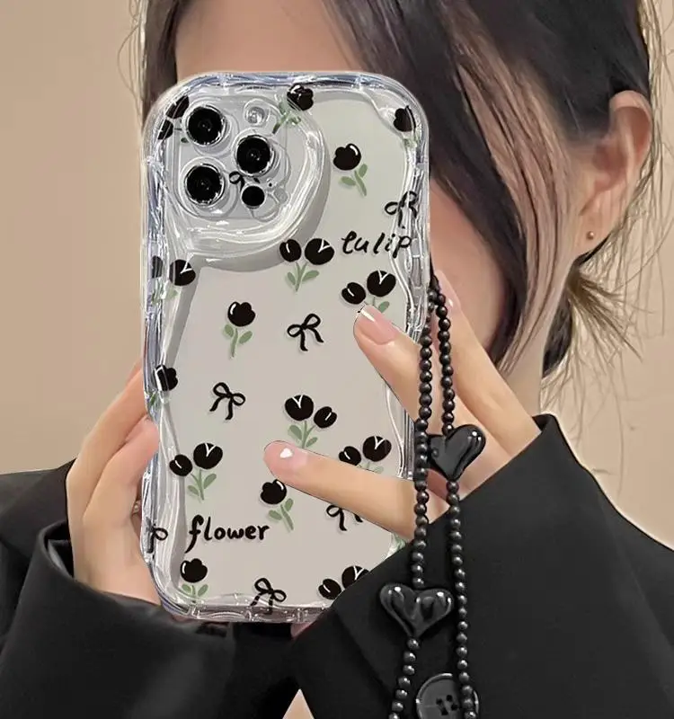 Black Tulip Bow Love Heart Hang Chain Case for OPPO Reno 11 5G 11F Reno 7 4G 8 11 Pro 8T Reno 5 6 Lite 4 A38 A18 A58 A78 A79 A98