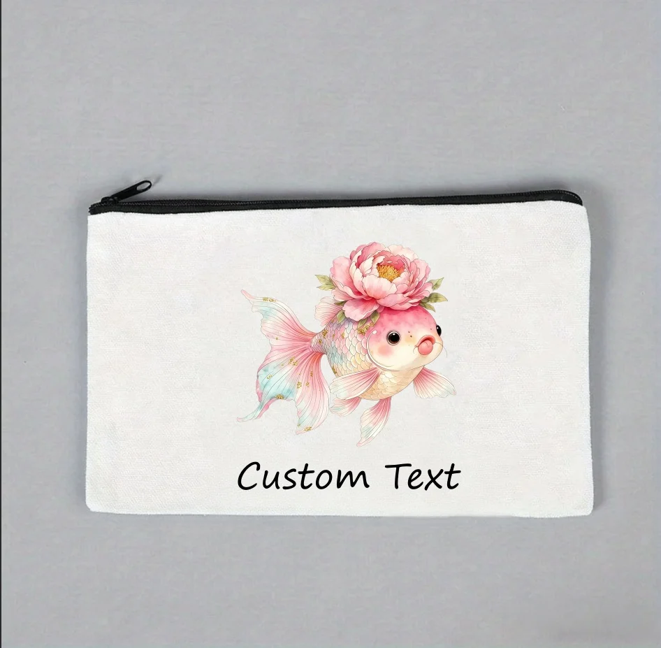 1PC Custom Text Cosmetic Bag Cute Goldfish With Peony Flower Print Zipper Makeup Pouch Canvas Portable Storage Bag