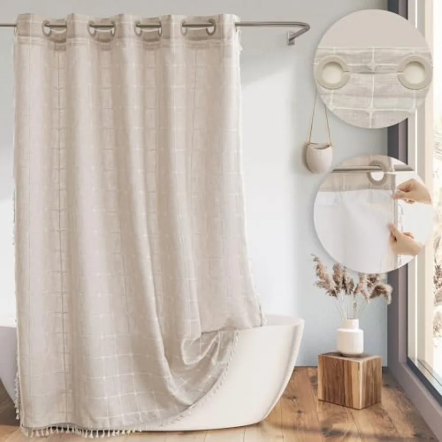 

Farmhouse Shower Curtain with Snap-in Liner, No Hooks Needed, Boho Fabric Shower Curtains with Tassels for Rustic Neutral Bathr