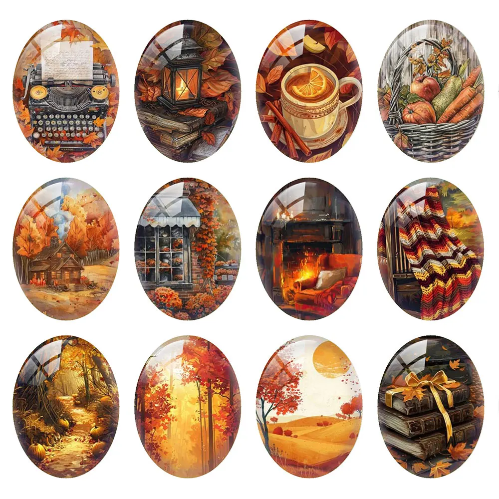 Random Mixed Round/Oval/Square Warm Autumn Rustic Vintage Fall Photo Glass Cabochon Flatback Demo Cameo For Diy Jewelry Making