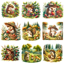 15cm Kids Hedgehog In The Forest Iron On Heat Transfer Sticker For Clothes Pinted Vinyl Thermal Appliques Washable T-Shirt Decal