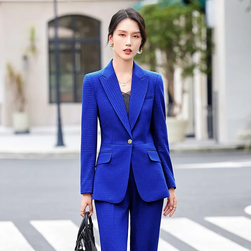 Pop Office Ladies Formal Pant Suit 2 Piece Set Women Blue Green Red Female Long Sleeve Business Work Wear Blazer Jacket And Trou