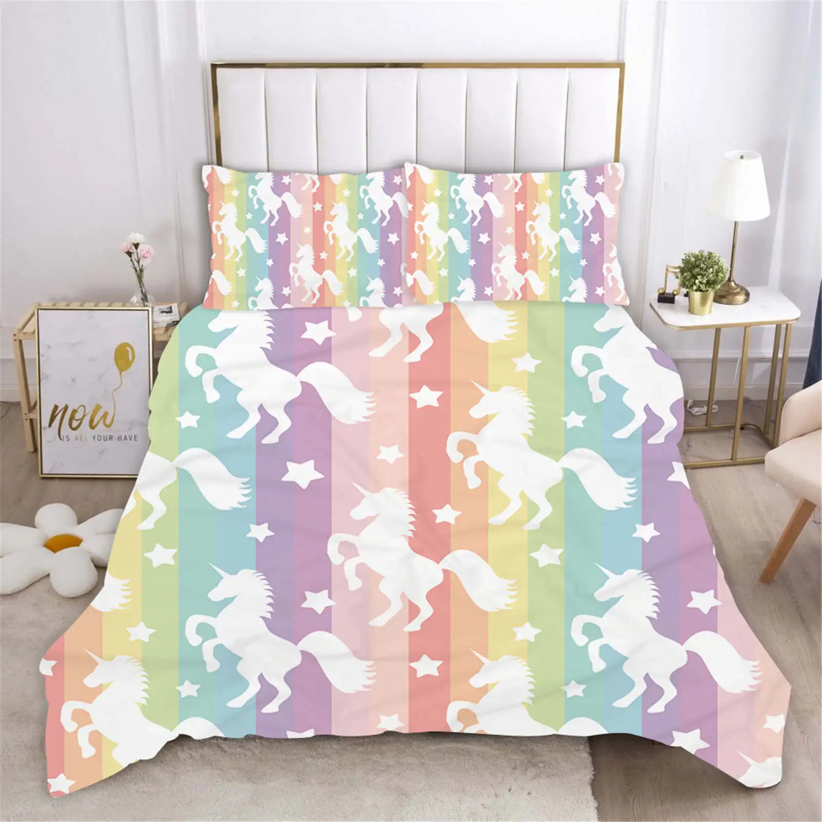 

Unicorn Quilt Cover Rainbow Cartoon Anime Duvet Printed Comforter 100% Polyester Bedding Twin Size children Gift Various Sizes