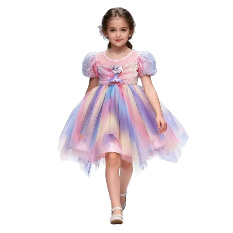 Fotografia 6: Vestido de Algodão Puro para Meninas, Saia de Unicórnio com Barra Larga, Vestido de Princesa Sereia com Mangas Bufantes (versão sem mangas)