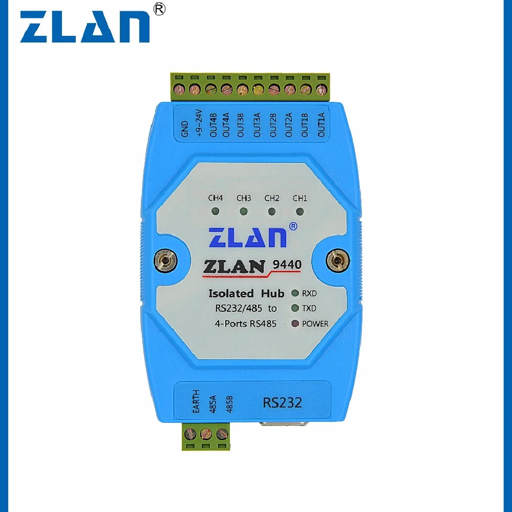 ZLAN9440ขยาย4ช่อง RS485ฮับอุตสาหกรรมแยกรีเลย์ RS232เป็น485แปลง