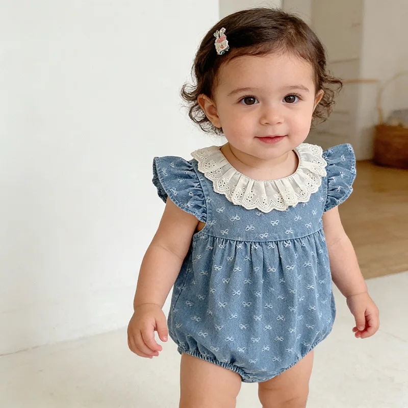Baby Girl Bodysuit Summer Denim Bow Print Triangle Romper Newborn Infant 100% Cotton Thin Soft Breathable Outfits for Daily Wear