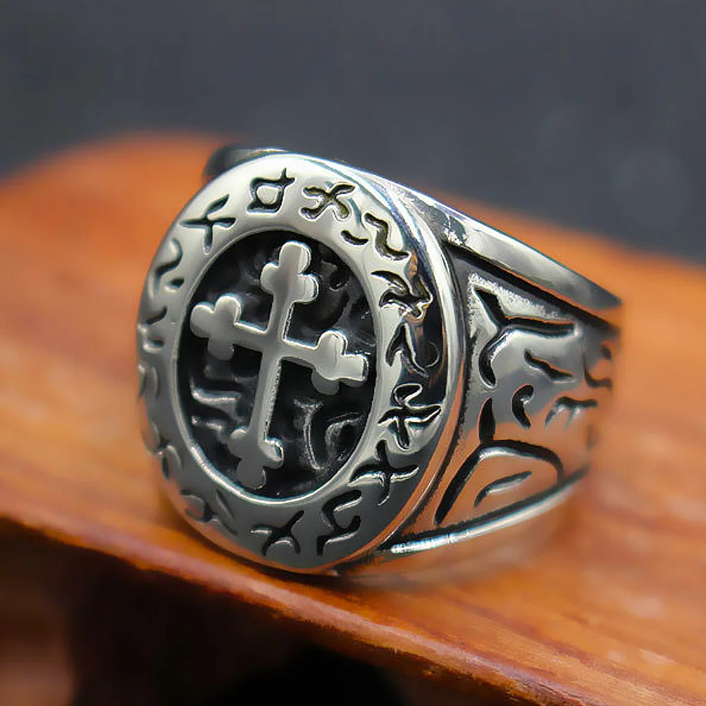 Anillo de Cruz de Lorena clásica para hombres, Retro, gótico, acero inoxidable 316L, sello de cruz, Runa, Punk, regalo de joyería de motorista de moda