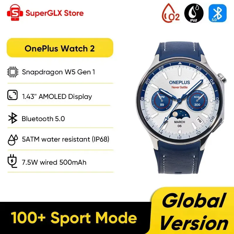 OnePlus Watch 2 SmartWatch Global Version 2GB RAM 32GB ROM 1.43'' AMOLED Display Google Wear OS 4 Dual Frequency GPS Support NFC