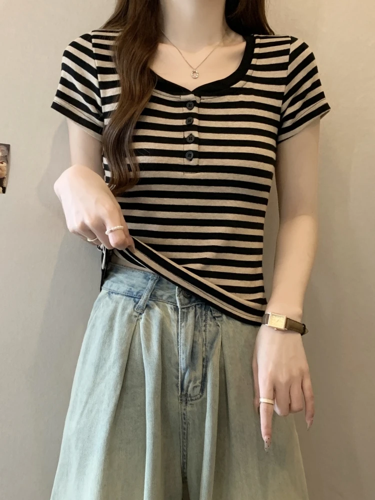 

Slim Fit Women's Short Sleeve T-Shirt U-Neck Shoulder Width Regular Korean Style Commute Stripe Pattern Base Shirt Summer Wear