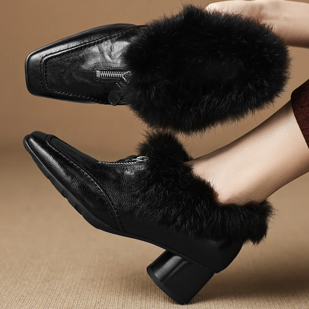 

Women's sheepskin rabbit fur patchwork square toe front zip wool inside winter pumps 5cm round med heel elegant heels shoes sale