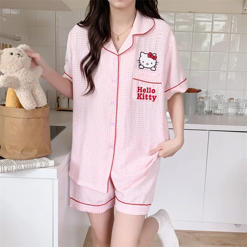 Sanrio Nieuwe Hello Kitty Pyjama Dames Schattige Cartoon Casual En Comfortabele Coole Ademende Lichtgewicht Huiskleding Pakken Pyjama