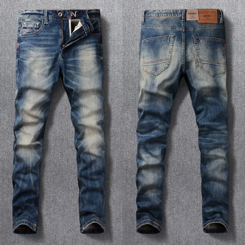 

Italian Style Fashion Men Jeans High Quality Retro Blue Elastic Slim Fit Ripped Jeans Men Vintage Designer Denim Pants Hombre