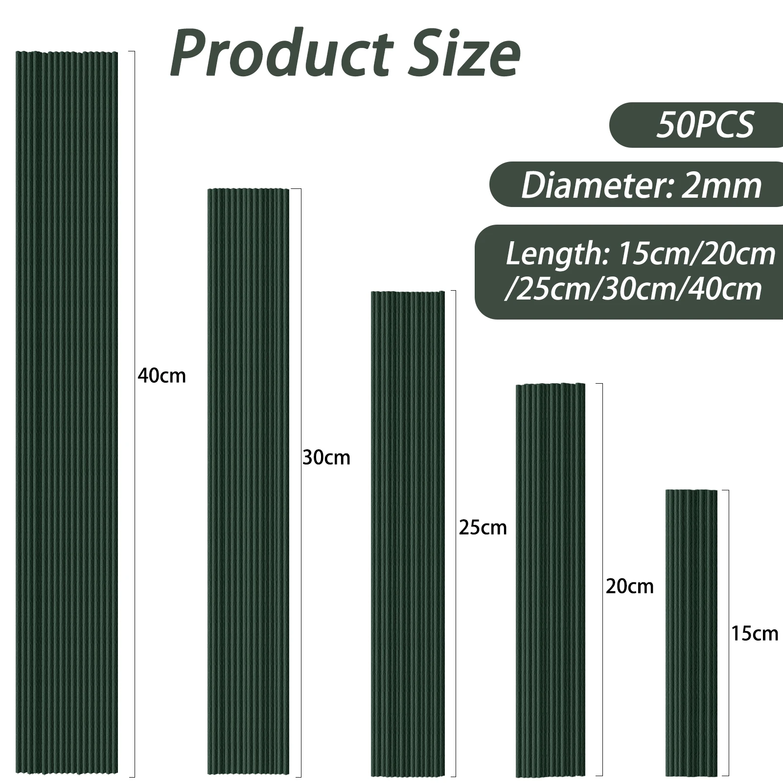 50pcs 15/20/25/30/40cm Artificial Green Flower Stems DIY Floral Material Handmade Wire Stem Accessoies For Wedding Home Decor