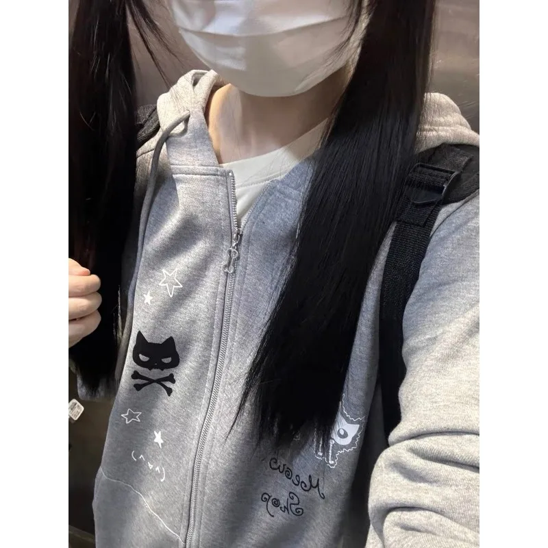 Y2k سويت شيرت بقلنسوة على شكل آذان قطة ثنائي الأبعاد بأكمام طويلة للنساء سترة بسحاب للخريف والشتاء