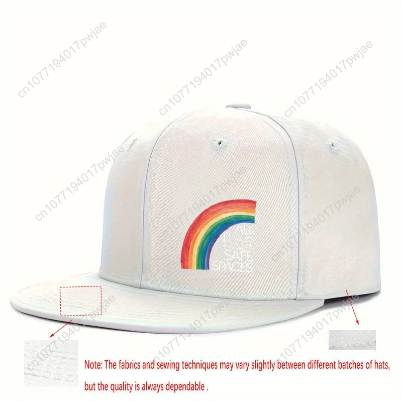 Rainbow Lettering & "ALL PLACES SAFE SPACES" Print Adjustable Snapback Baseball Cap - Breathable Unisex Urban Streetwear Hat for