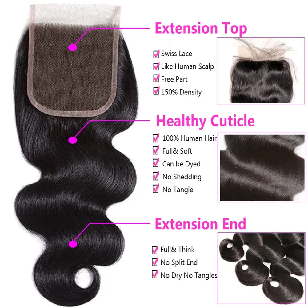 Extensiones de cabello humano ondulado para mujer, mechones de tejido brasileño con cierre de encaje HD, Marrón Borgoña