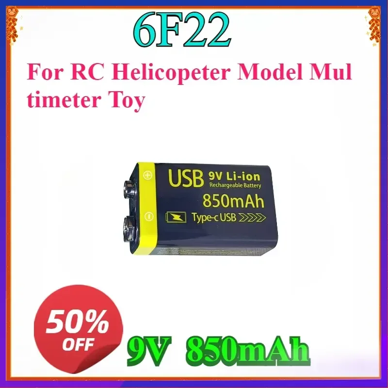 New USB 9V Rechargeable Battery 850mAh Type-C Rechargeable 6F22 9V Li-ion Battery for RC Helicopeter Model Multimeter Toy