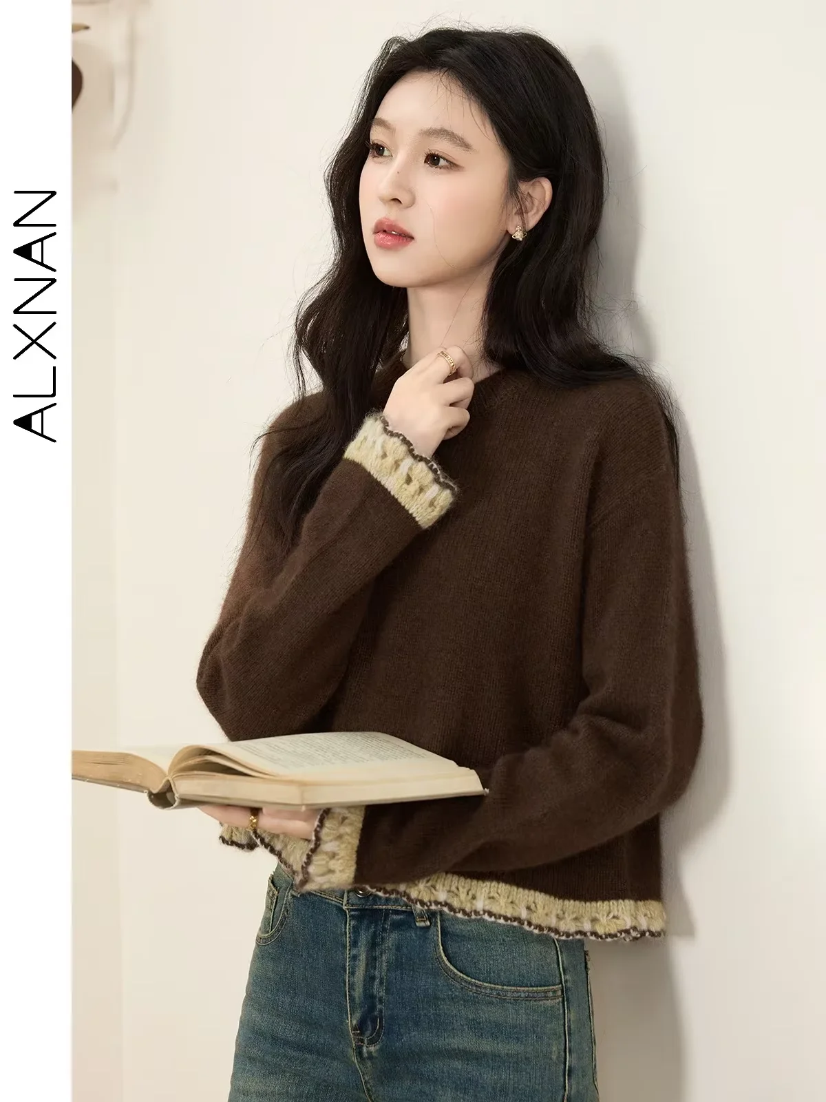 

ALXNAN Women's Knitted Sweaters Thread Round Neck Pullovers Spring Patchwork Lace Crochet Design Long Sleeve Tops Ladies L51569